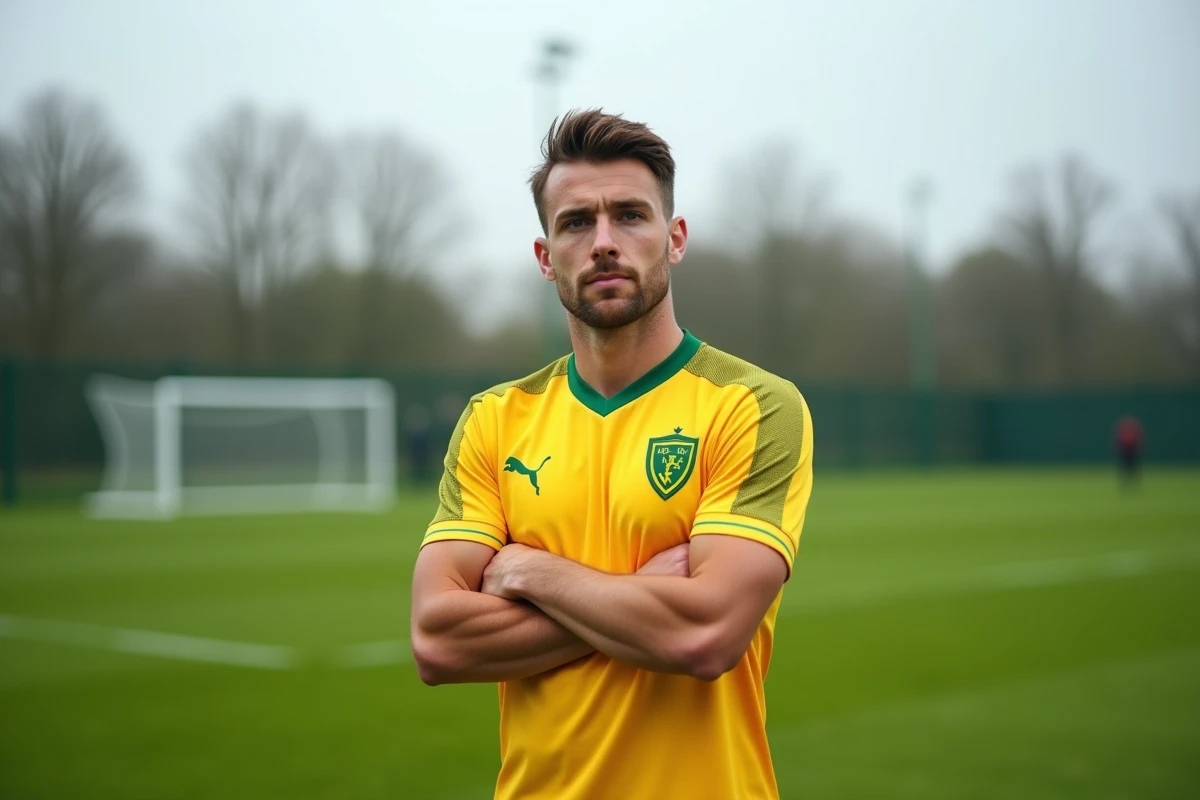 Joueur de football du FC Nantes en maillot jaune et vert sur le terrain d'entraînement, posture concentrée évoquant le mercato 2026