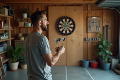 Joueur de fléchettes adulte en position de lancer dans un garage aménagé avec cible fixée au mur à hauteur réglementaire