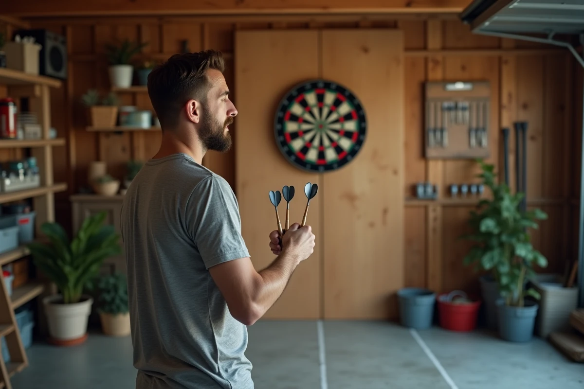 Joueur de fléchettes adulte en position de lancer dans un garage aménagé avec cible fixée au mur à hauteur réglementaire