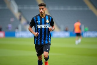 Jeune footballeur en action sur le terrain avec maillot bleu et noir