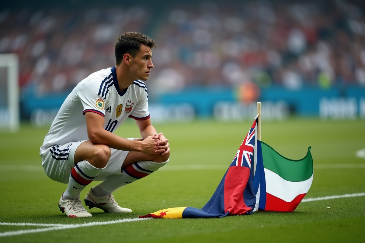 Jeune joueur de football contemplant des drapeaux après match