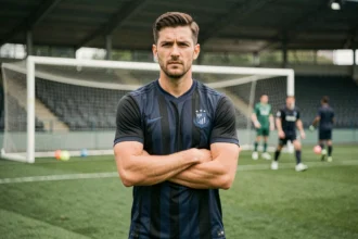 Joueur de l'Inter Milan en maillot rayé noir et bleu marine lors d'une séance d'entraînement sur le terrain