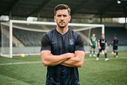 Joueur de l'Inter Milan en maillot rayé noir et bleu marine lors d'une séance d'entraînement sur le terrain