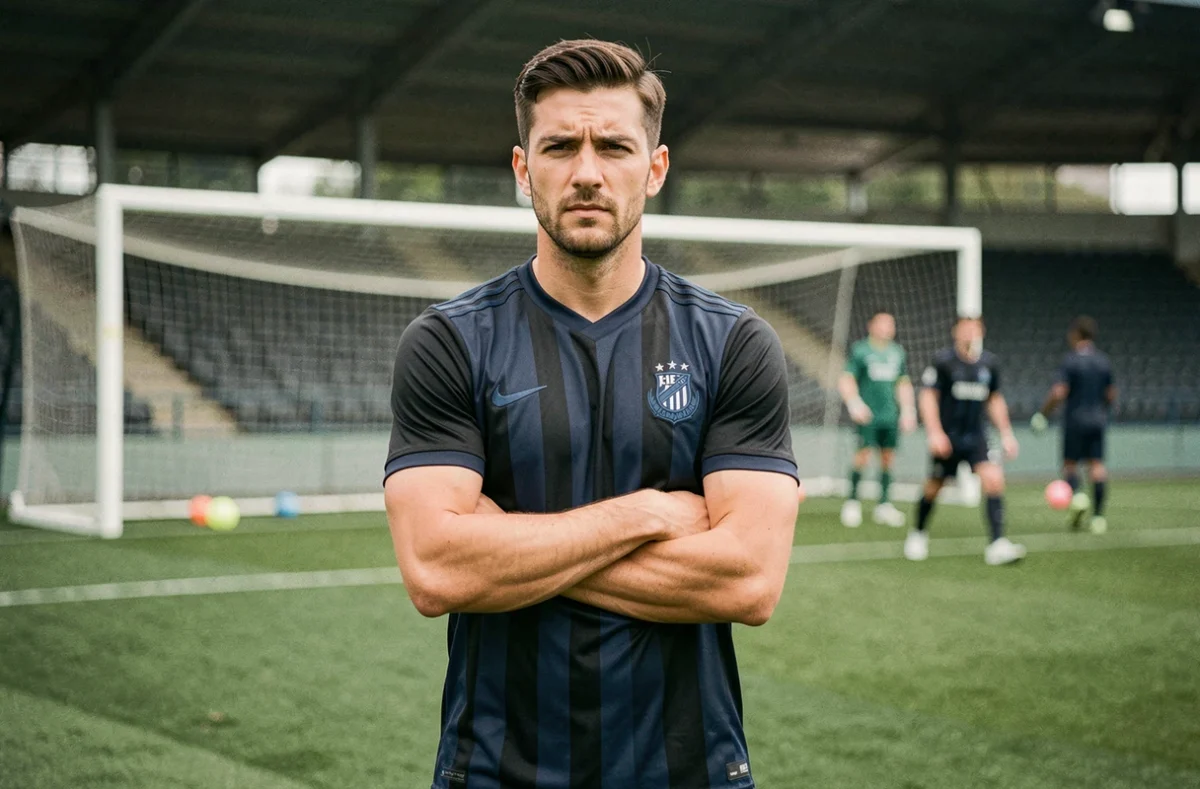 Joueur de l'Inter Milan en maillot rayé noir et bleu marine lors d'une séance d'entraînement sur le terrain