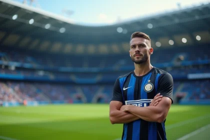 Joueur de l'Inter Milan en jersey rayé noir et bleu posant avec assurance sur la pelouse du stade San Siro, bras croisés et regard déterminé, avec les tribunes remplies de supporters en arrière-plan flou