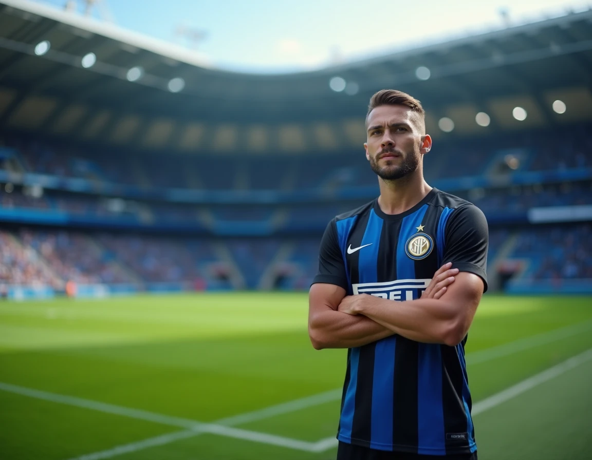Joueur de l'Inter Milan en jersey rayé noir et bleu posant avec assurance sur la pelouse du stade San Siro, bras croisés et regard déterminé, avec les tribunes remplies de supporters en arrière-plan flou