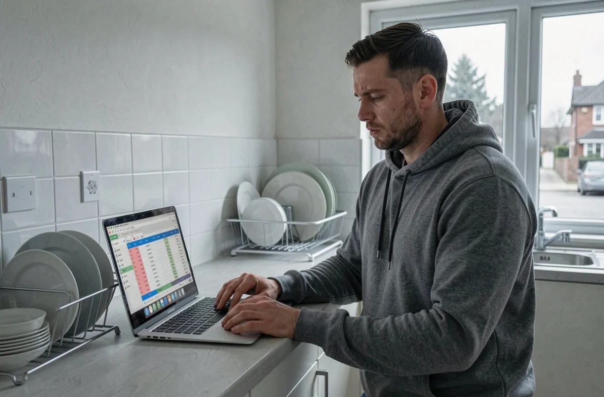 Footballeur de semi-professionnel gérant son budget sur un ordinateur portable dans un appartement modeste, illustrant la réalité financière du National 2