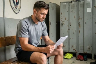 Joueur de football de National 2 assis dans un vestiaire modeste, examinant son contrat ou sa fiche de paie avec une expression pensive