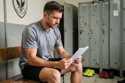Joueur de football de National 2 assis dans un vestiaire modeste, examinant son contrat ou sa fiche de paie avec une expression pensive
