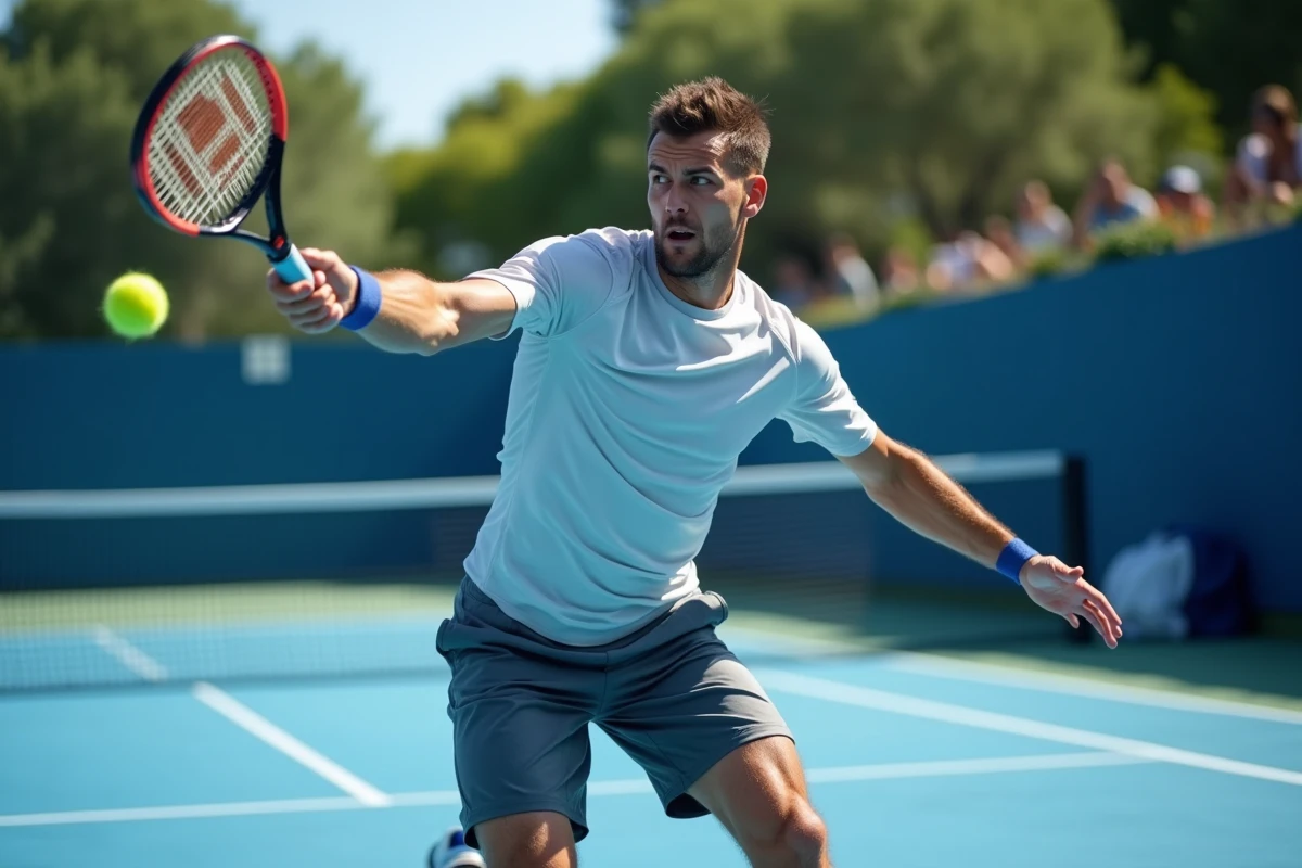 Joueur padel en pleine action lors d'un match en extérieur