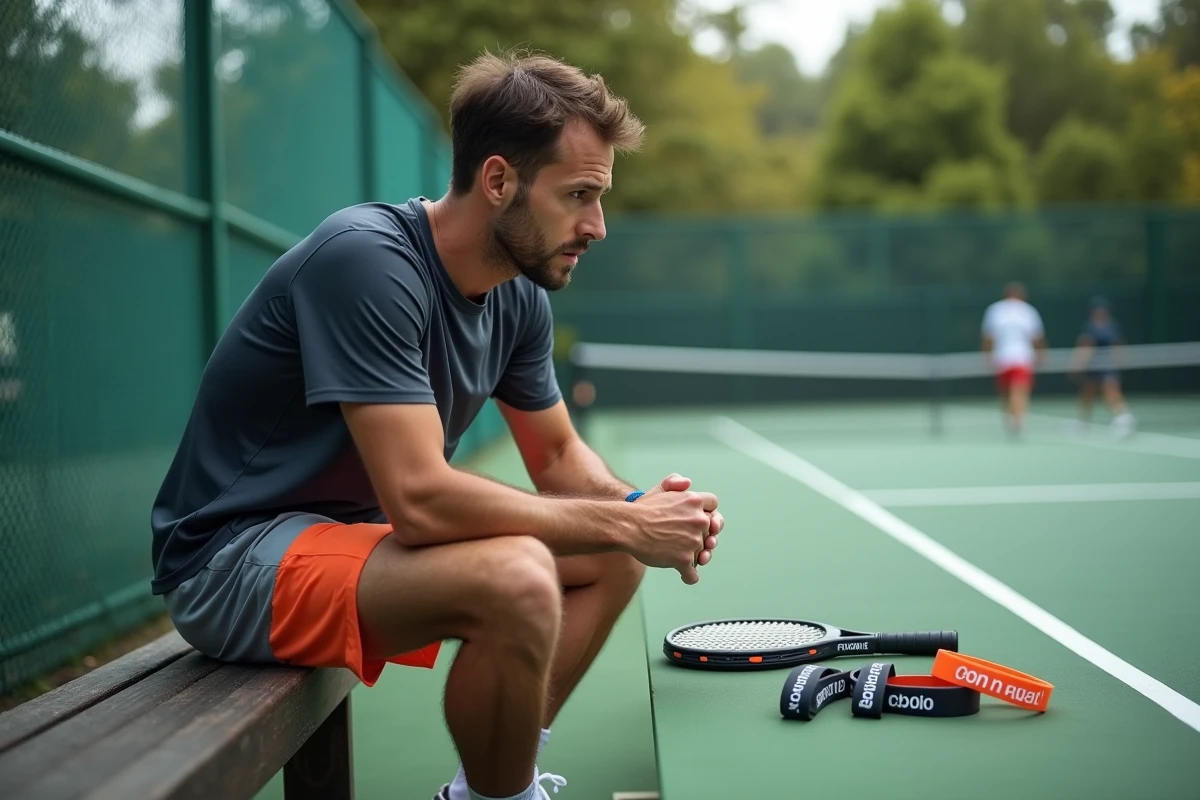 Joueur padel examine bandes de tournoi sur un banc