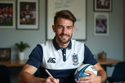Joueur de rugby National 2 signant son contrat de transfert dans les bureaux d'un club