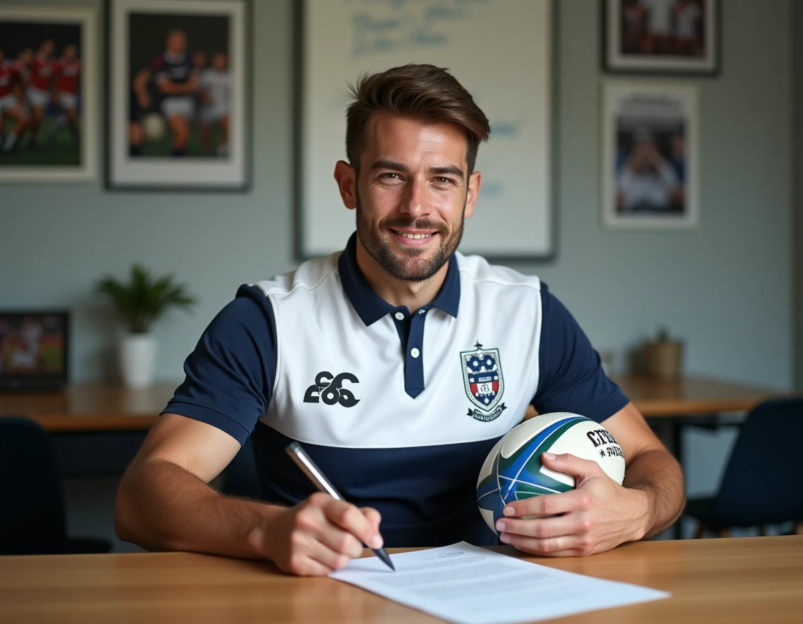 Joueur de rugby National 2 signant son contrat de transfert dans les bureaux d'un club