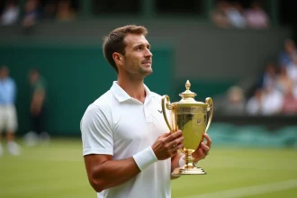 Joueur de tennis professionnel tenant le trophée de Wimbledon sur le court central historique