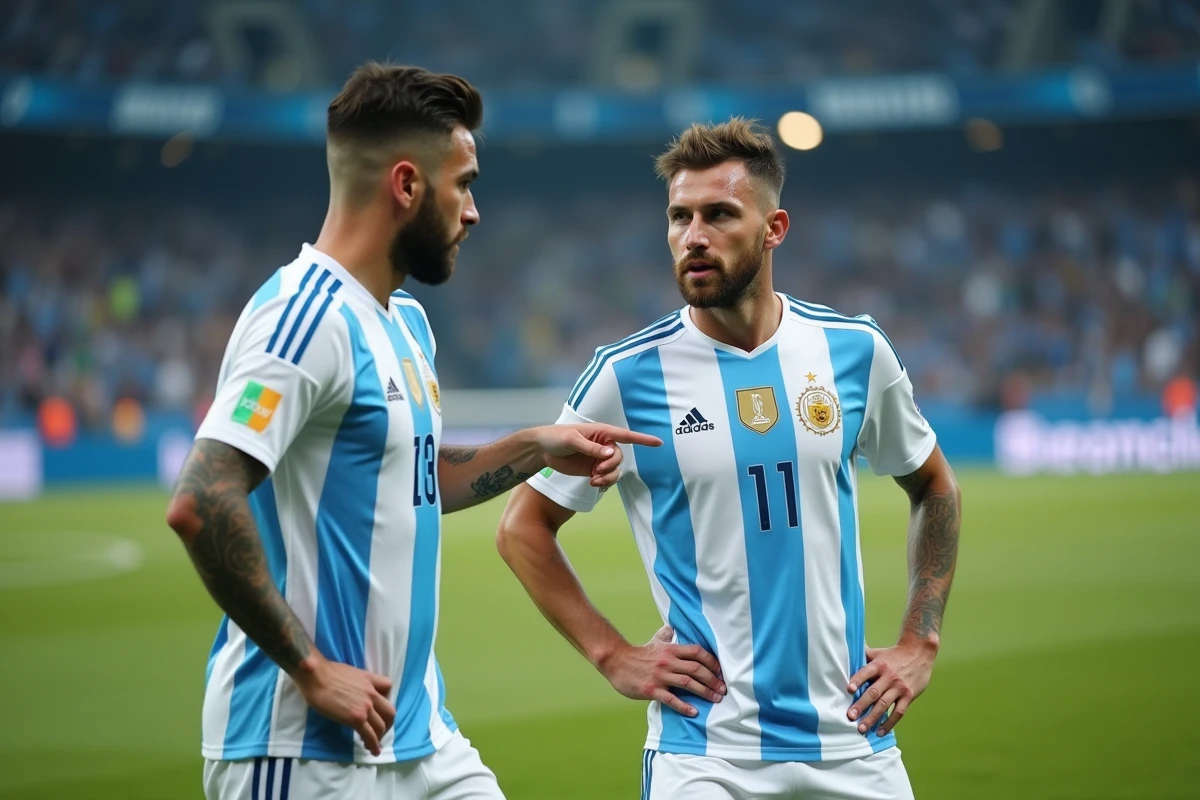 Deux joueurs argentins en discussion tactique sur le terrain pendant un match de l'Albiceleste
