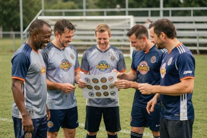Groupe de joueurs de football amateur en maillot personnalisé discutant du logo de leur club d'entreprise sur un terrain de sport