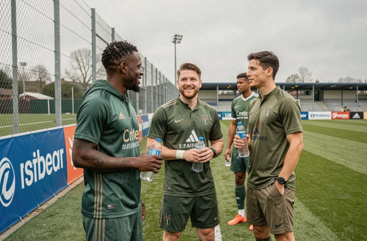 Joueurs de Ligue 1 en tenue d'entraînement discutant en bord de terrain lors d'une session de préparation physique