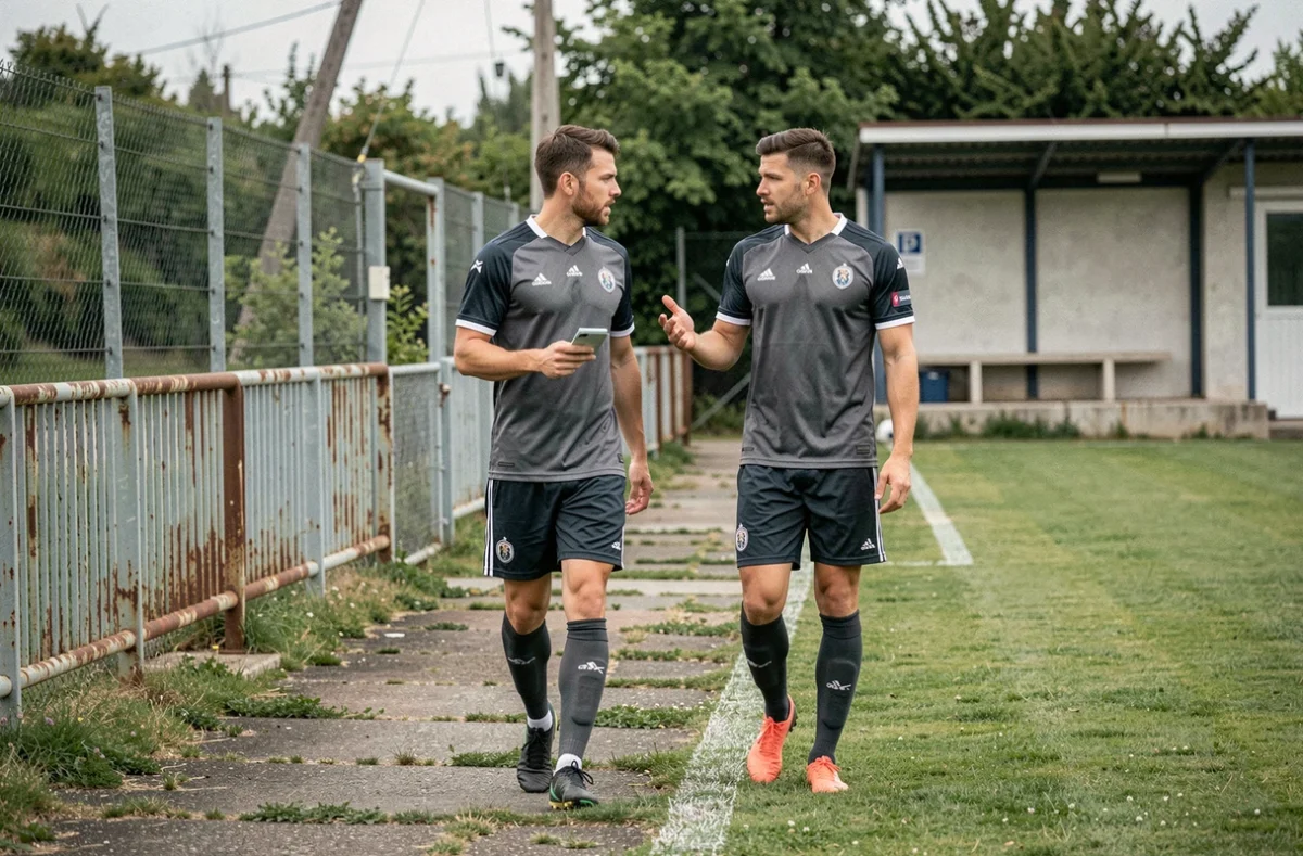 Deux joueurs de National 2 discutant de leur carrière et de leur salaire en marchant sur un terrain d'entraînement modeste d'un club régional français
