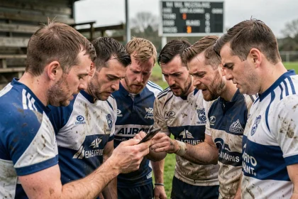 Joueurs de rugby fédéral consultant les résultats en direct sur un smartphone en bord de terrain