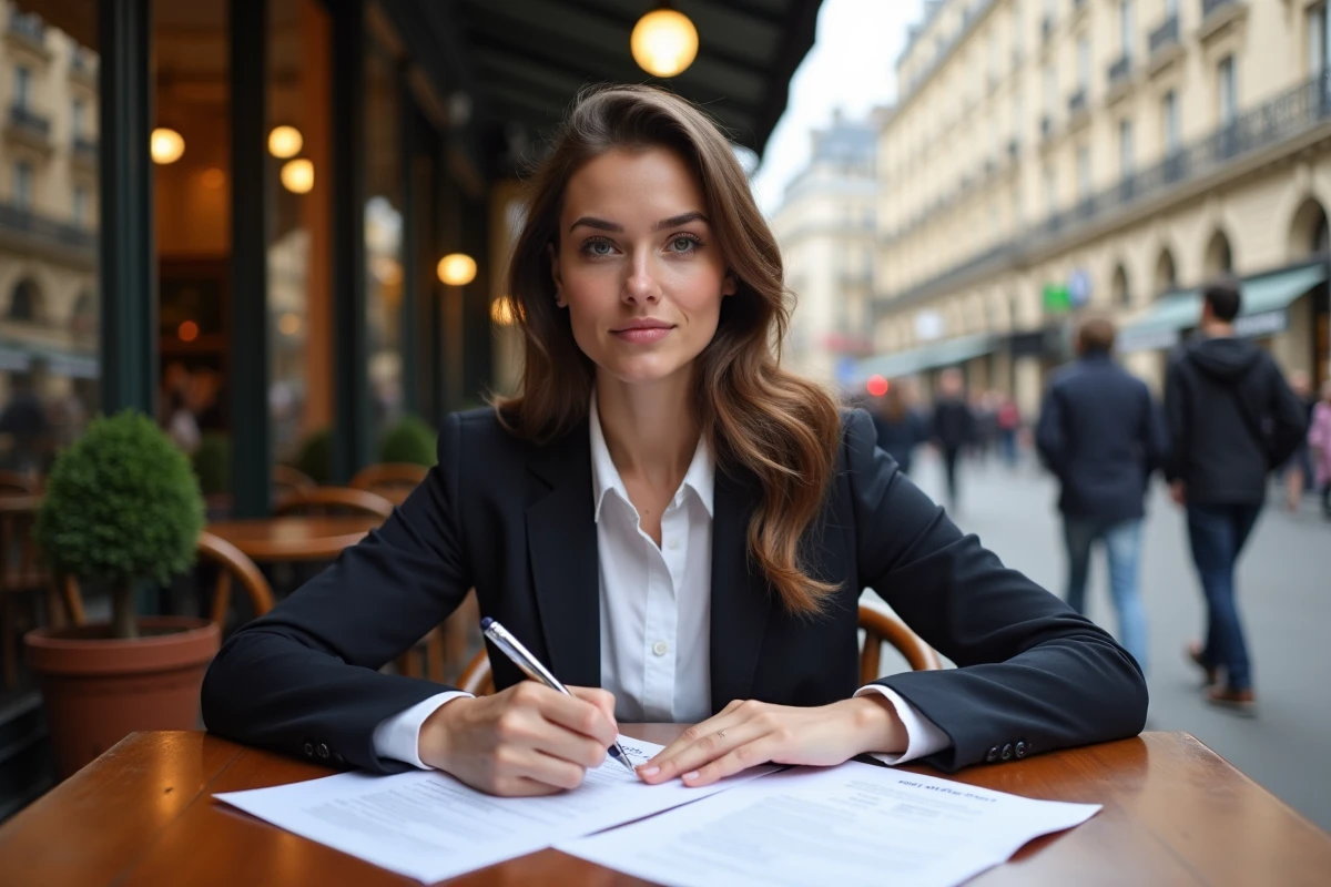 Jeune journaliste au caf&eacute; &agrave; Paris avec documents PSG