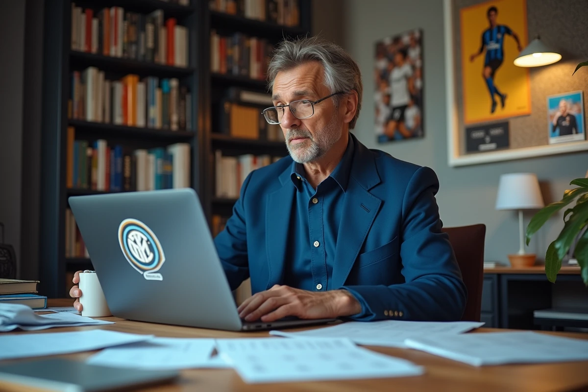 Journaliste sportif travaillant sur son ordinateur &agrave; domicile