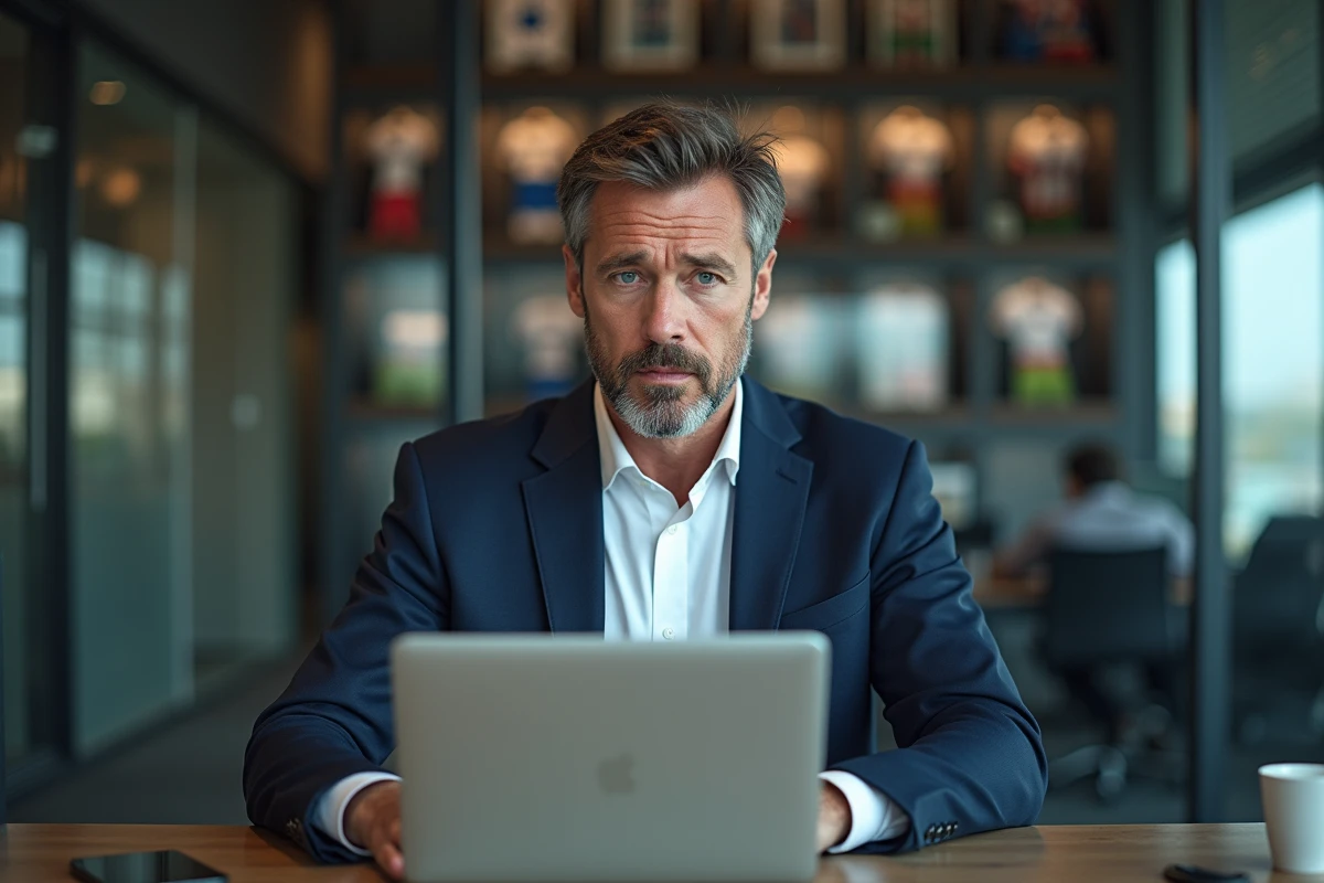 Journaliste sportif analysant un match de rugby sur son ordinateur