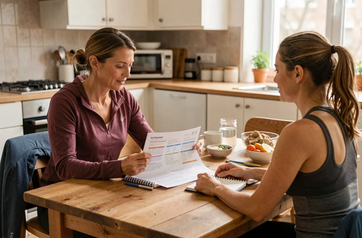 Coach Just Coaching accompagnant une cliente à domicile avec un suivi nutritionnel personnalisé autour d'une table de cuisine