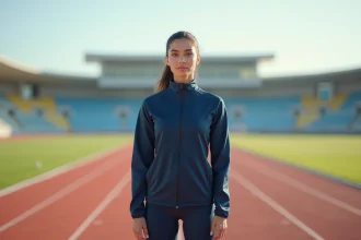 Athlète féminine qatarie en tenue de sport sur une piste d'athlétisme, regard déterminé vers l'horizon