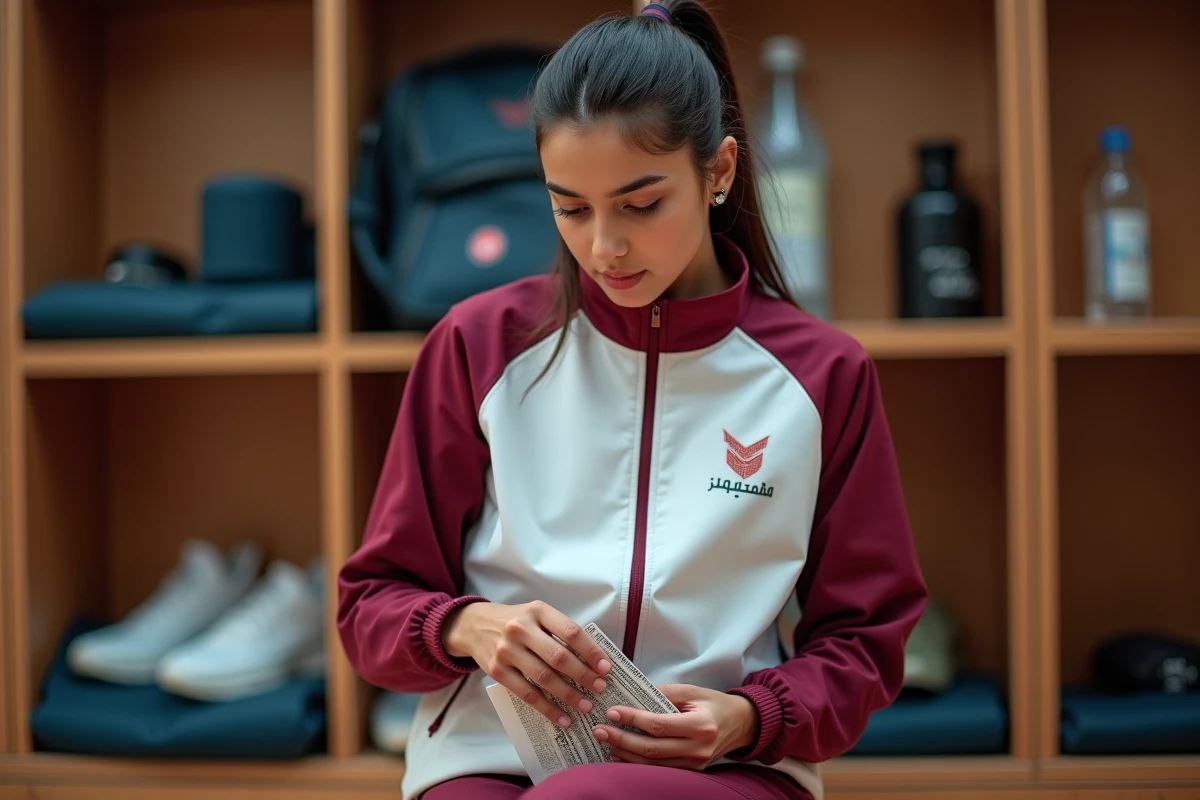 Athlète qatarie en tenue officielle tenant un dossard de compétition dans un vestiaire, ambiance coulisses