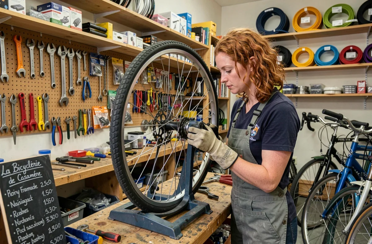 Mécanicienne voilant une roue dans l'atelier artisanal de La Bicyclerie de Casamène