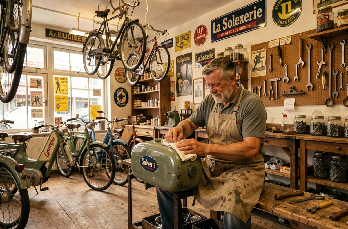 Propriétaire de La Solexerie restaurant un Solex vintage dans son atelier rétro