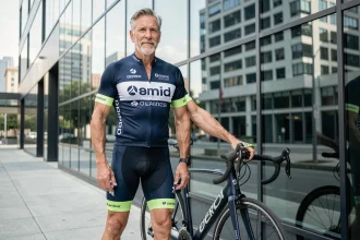 Cycliste senior portant un maillot avec logos de sponsors devant un immeuble corporate moderne, illustrant le retour de Lance Armstrong dans le monde du sponsoring en 2026