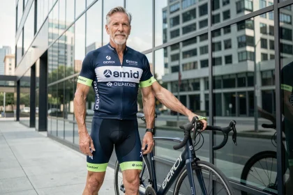 Cycliste senior portant un maillot avec logos de sponsors devant un immeuble corporate moderne, illustrant le retour de Lance Armstrong dans le monde du sponsoring en 2026
