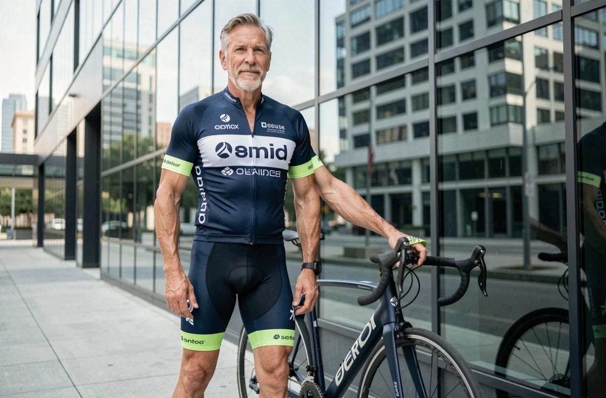 Cycliste senior portant un maillot avec logos de sponsors devant un immeuble corporate moderne, illustrant le retour de Lance Armstrong dans le monde du sponsoring en 2026
