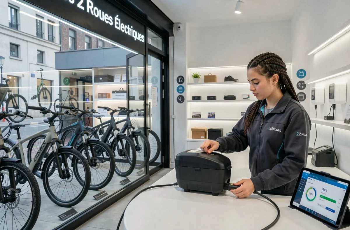 Technicienne branchant une batterie de vélo électrique dans le magasin Les 2 Roues Électriques