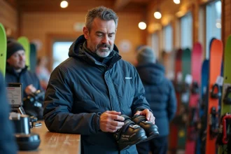 Homme examinant des chaussures de ski en location dans un magasin de station de ski