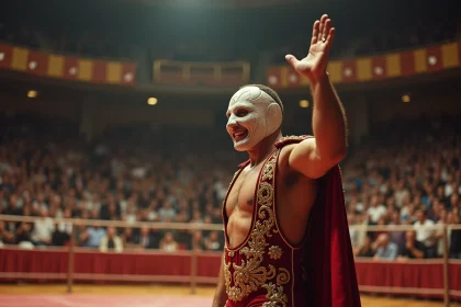 Lutteur vintage avec masque blanc et cape brillante en ring