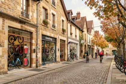 Rue commerçante de Bourgogne-Franche-Comté avec des magasins de vélos en vitrine et des cyclistes sur les pavés