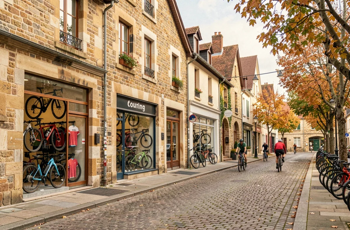 Rue commerçante de Bourgogne-Franche-Comté avec des magasins de vélos en vitrine et des cyclistes sur les pavés