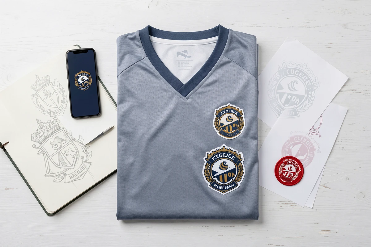 Mise à plat d'un maillot de football avec logo de club, esquisses de crest et mockups numériques pour un club de loisirs