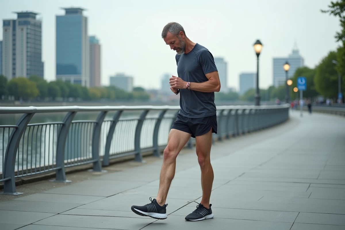 Homme coureur en pause sur promenade urbaine