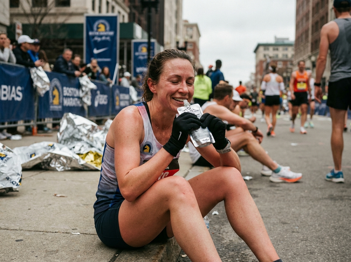 Marathonienne épuisée assise sur un trottoir après la course, buvant une boisson électrolytique de récupération