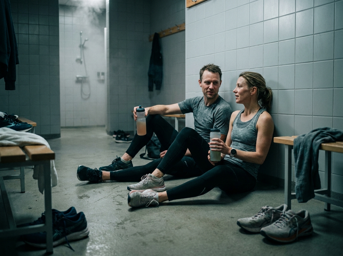 Deux marathoniens se réhydratant avec des électrolytes dans un vestiaire sportif après leur course