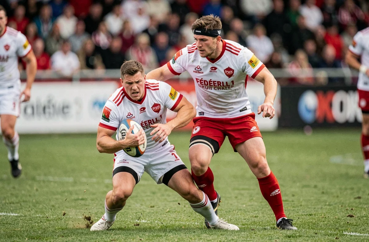 Deux joueurs de rugby en duel lors d'un match de Fédérale 1, plaquage en cours sur pelouse verte
