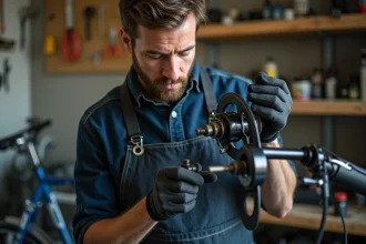 Mécanicien vélo inspectant un moyeu à rétropédalage dans un atelier de réparation