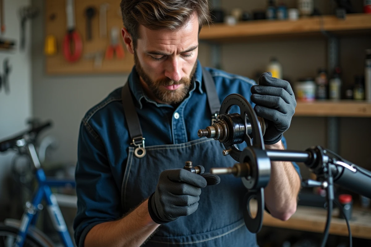 Mécanicien vélo inspectant un moyeu à rétropédalage dans un atelier de réparation
