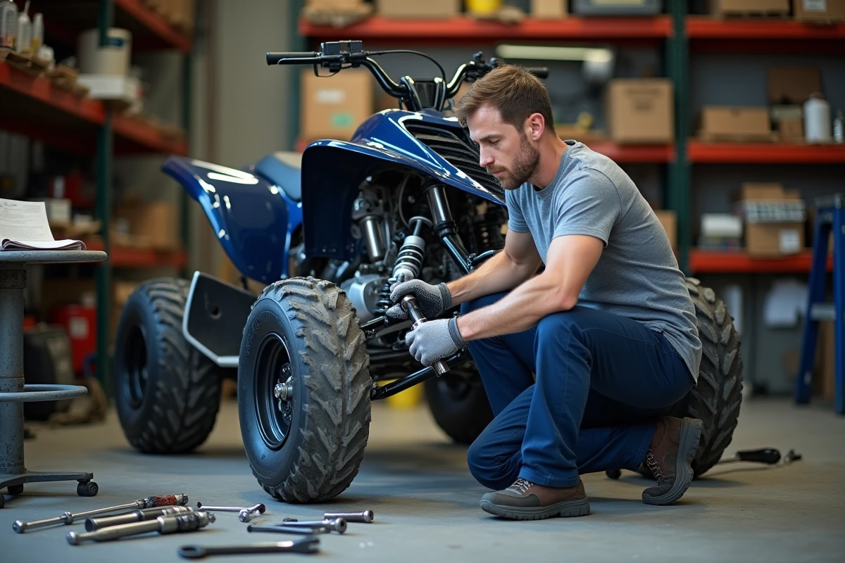 Mécanicien inspectant un amortisseur avant pour Yamaha Raptor 700 dans un atelier de préparation quad cross