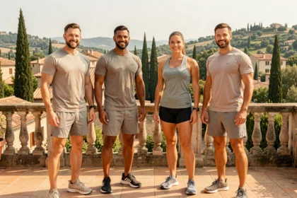 Groupe de coachs sportifs professionnels en Occitanie posant ensemble en plein air avec un paysage méditerranéen en arrière-plan