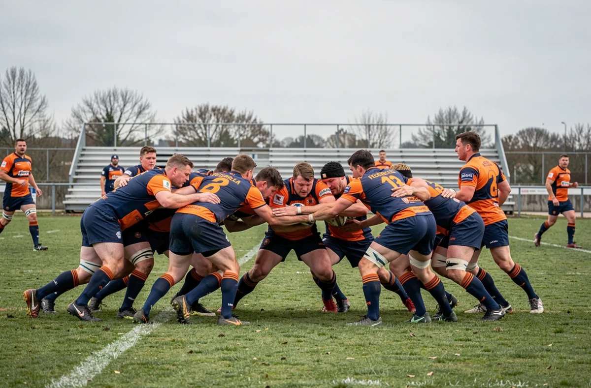 Vue large d'une mêlée ordonnée entre deux équipes lors d'un match de rugby Fédérale 1 en France