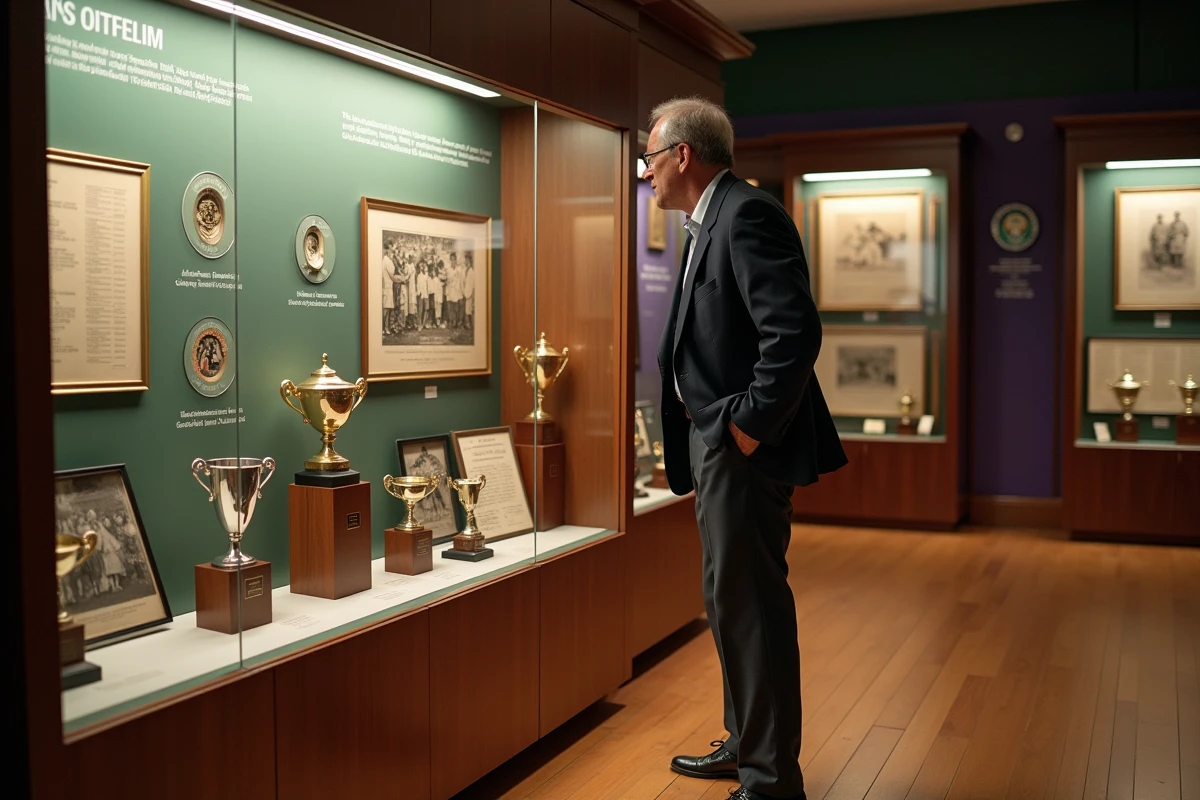 Visiteur examinant les trophées et records historiques de gains au musée de Wimbledon
